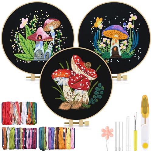 Image of TINDTOP Embroidery Kit for Adult, Mushroom Embroidery Stitch Practice kit | Include Embroidery Cloth Hoops Threads for Craft Lover Hand Stitch