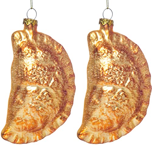 Pierogi Weihnachtsschmuck aus Glas für Weihnachtsbaumschmuck, zum Aufhängen, handbemalt, geblasenes Glas, poliert, Pierogien, Teigtaschen, Lebensmittel, Weihnachtsschmuck, 2 Stück