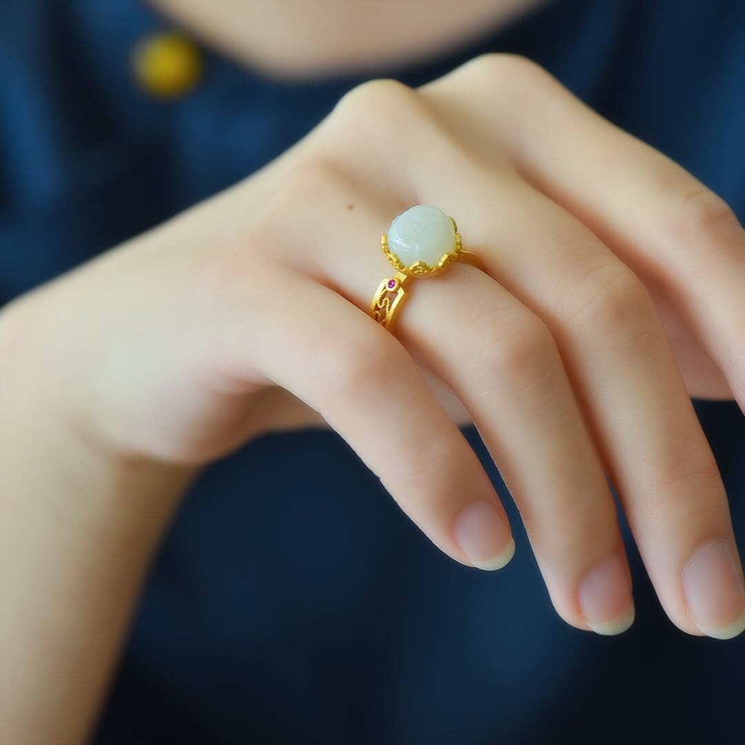 S925 Silver Inlaid Natural White Jade Lotus Flower Ring Adjustable Opening Including Certificate