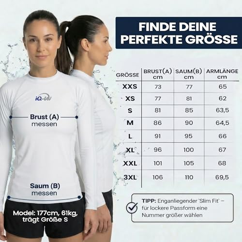 iQ-UV Sportshirt Damen Langarm Slim Fit Weiß S – UV Shirt für Damen für Wasser & Sport – Rash Guard mit UV-Schutz – Langarm Sportshirt – Ideal zum Schnorcheln und Schwimmen