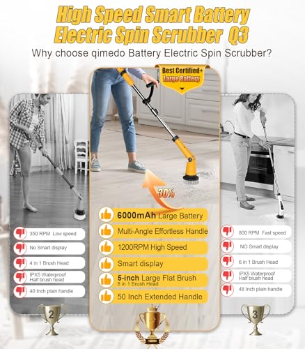 Qimedo YD-LDQJS23-01 Electric Spin Scrubber Extra Large Brush Q3,6000 Mah Best Battery Power Scrubber For Cleaning,1200Rpm Shower Cordless Cleaning Brush With 8 Brushes For Bath/Tub/Tile/Floor thumb #3