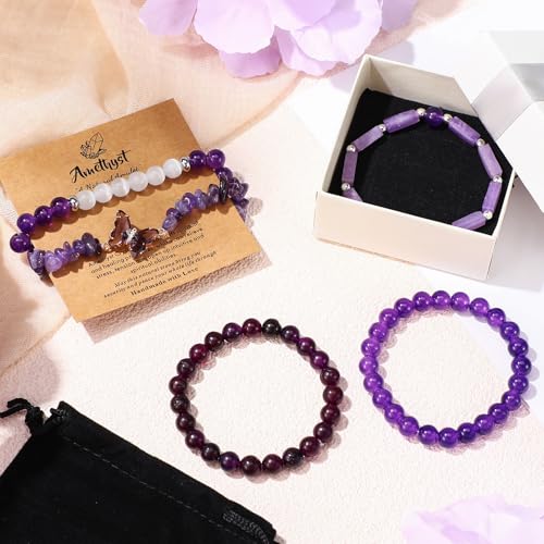 5 Pcs Amethyst Bracelets for Women Purple Healing Crystal Gemstones Beaded Bracelet Natural Butterfly Anxiety Stress Jewelry Gifts for Women Men Mom Birthday3