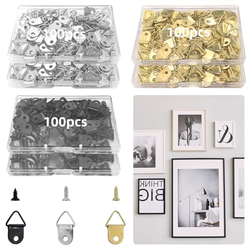 Image of 300Pcs Small Triangle Ring Steel Picture Hangers with Screws, Light Duty D Rings Picture Frames Hook for Hanging Clock, Decoration, Mirror, Paintings, Photo, Artwork