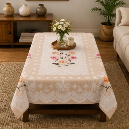 Image of STITCHNEST Florenza Beige Cotton Net Table Cover 40x60 Inches