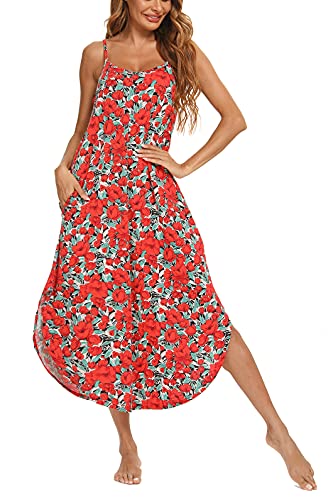 AVIIER Nightgowns for Women Sexy Lingerie Dress Soft Full Slips Dresses with Pockets (Red Flower, Small)