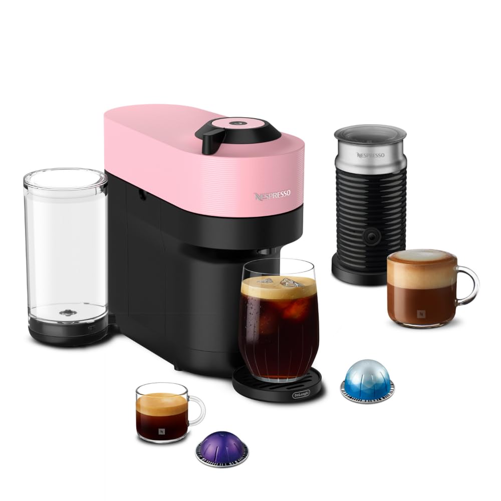 Nespresso Máquina de café e café expresso Vertuo Pop+ da De'Longhi com espumador de leite, rosa doce