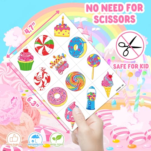 Image of 96 PCS Pre-Cut Candy Temporary Tattoos for Kids Birthday Party Favors | Super Cute Candy Lollipop Themed Supplies Decorations Fake Tattoo Stickers, School Rewards Prizes & Gifts Boys & Girls