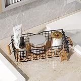 Metal Wire Basket Storage, Bathroom Basket for Organizing, Bathroom Counter Organizer with Wooden Ha