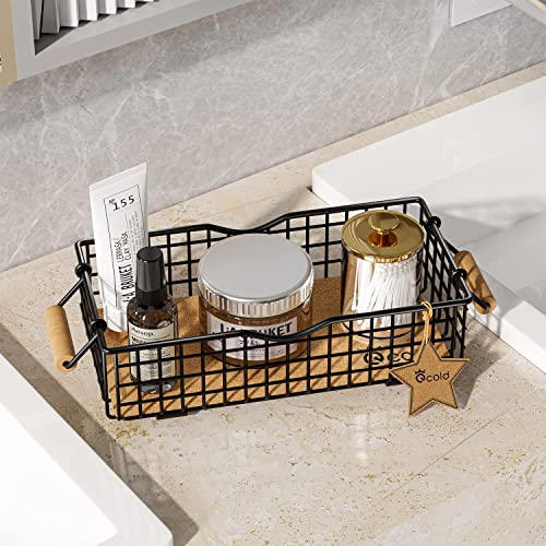 Metal Wire Basket Storage, Bathroom Basket For Organizing, Bathroom Counter Organizer With Wooden Handles, Farmhouse Bathroom Decor Tray, Toilet Paper Basket Storage (Small, Black) #TOP11