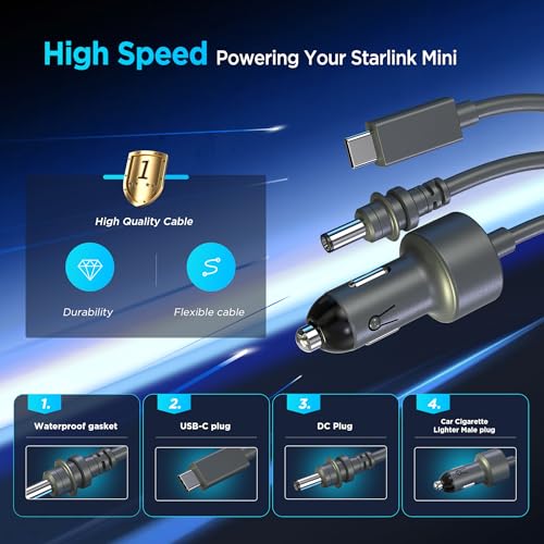 Image of Hugener 3 in 1 Starlink Mini Cable 33FT / 10M, High-Speed USB C /Car Charger /DC to DC Replacement Cable for Starlink Mini Accessories
