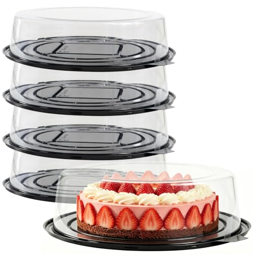 FEOOWV 5pcs Round Clear Cake Carriers for Transport Plastic Disposable Cake Containers Carriers with Dome Lids and Cake Boards Clear Bundt Cake Boxes (12inch)