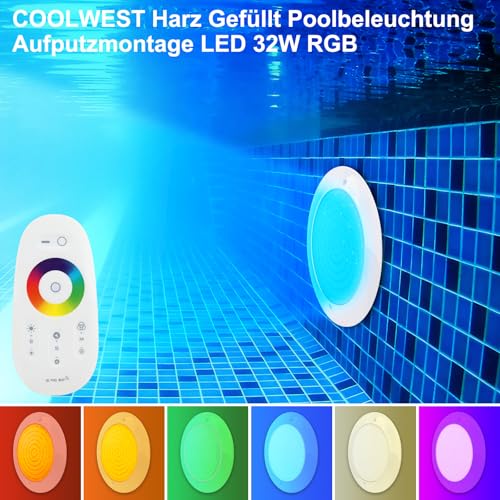 COOLWEST Harz Gefüllt Poolbeleuchtung LED 32W RGB, Ultraflach Poolscheinwerfer mit Fernbedienung Colour Changing Schwimmbad LED Lampe, IP68 Wasserdicht, 24V DC, Aufputzmontage