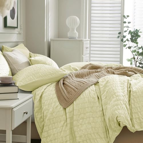Image of JELLYMONI Light Yellow Duvet Cover Twin Size, 3pcs Washed Microfiber Bedding Set for Kids, Soft Breathable Seersucker Duvet Cover Set with Zipper Closure and Corner Ties for All Seasons