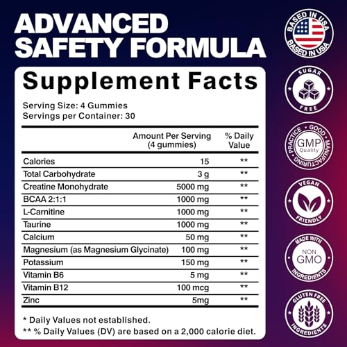 Image of Creatine Monohydrate Gummies for Men & Women, Gummies Sugar Free Mixed Flavored with L-Taurine, BCAA 2:1, B12 B6 for Boost Strength, Focus & Endurance, Vegan, Non-GMO, 120pcs