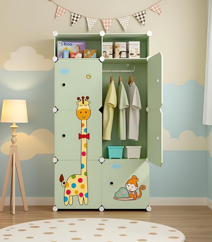 Image of Sunderlook Plastic Wardrobe for Kids Clothes - Professional Collapsible Wardrobe, Easy to Use Foldable Almirah, Plastic Cupboard for Kids for Home (Green-S3, 6 + 2 Door)