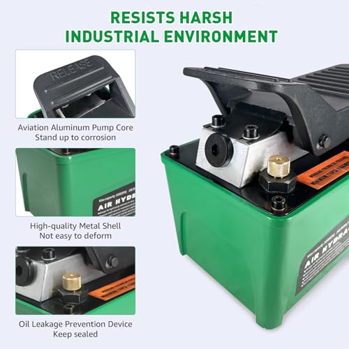 Image of 10,000 PSI Air Hydraulic Pump, 1.6L Reservoir, NPT 3 /8 inch Oil Outlet, NPT 1 /4 inch Inlet, Foot Pedal Operated, for Auto Body Frame Machines, Hydraulic Press, and Hole Punch, Green