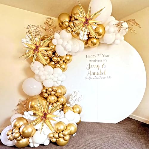 Image of White and Gold Balloons Garland Arch Kit, 130Pcs White Metallic Gold Confetti Balloon with Star Foil Balloons for Birthday Wedding Engagements Graduation Baby Shower Anniversary Party Decorations