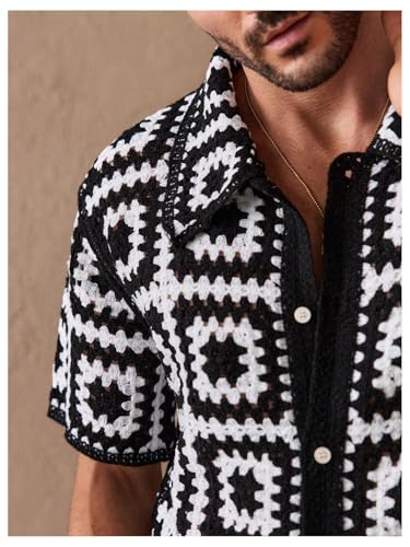 Men's Geometric Hawaiian Crochet Shirt Hollow Out Beach Shirts Button Down Short Sleeve Collared Knit Tops3