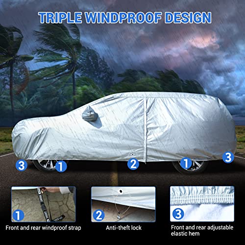 Image of Tecoom Car Cover Waterproof All Weather, 8 Layers Soft Cotton Fleece Lining SUV Car Cover with Zipper Door & Lock, Windproof Rain Sun UV Hail Protector Full Exterior Covers Fit SUV (206-215 Inches)