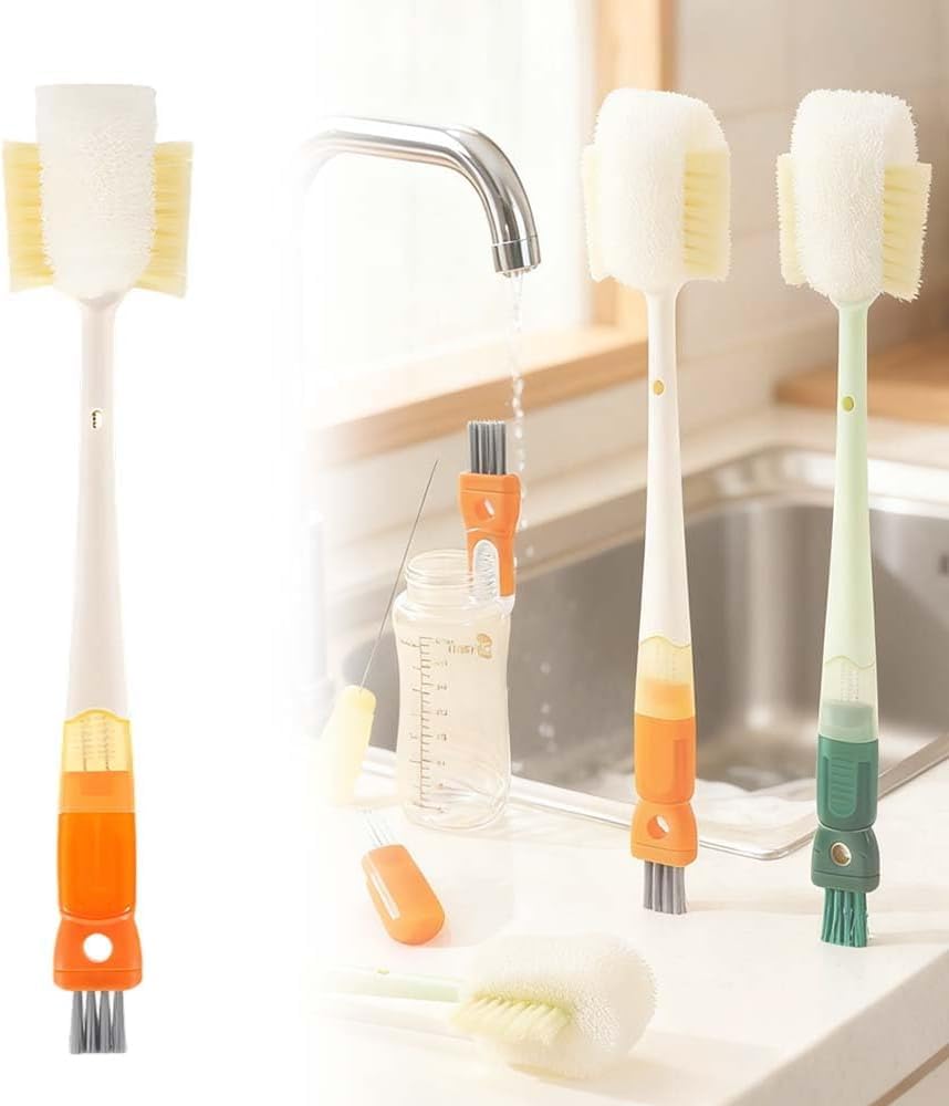 Multifunctional Bottle Cleaning Brush, 2026 New Water Bottle Cleaner Brush with Replaceable Brush Head, Long Handle Multifunctional Cup Bottle Brush Kit for Cup Lid Cleaning Travel Mugs (Orange)