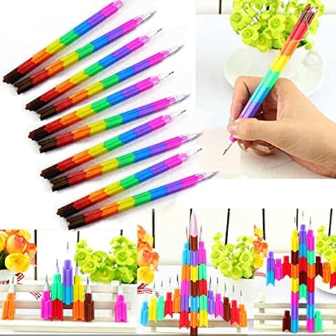 Blingi 32 Pieces Stackable Plastic Rainbow Pencils Stacking Pencil Stacking Point Pencils HB Non-Sharpening Birthday Goody Bag Filler Party Favor Supplies Kids School Fun Equipment (Rainbow) Cover