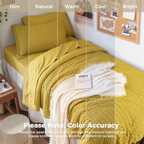 Image of HYMOKEGE Mustard Yellow Twin XL Comforter Set Seersucker 5 Pieces, All Season Luxury Bed in a Bag for Bedroom, Bedding Set with Comforter, Sheets, Pillowcase & Sham