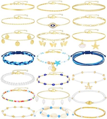 17KM 21PCS Gold Ankle Bracelets for Women, Boho Shell Bead Cuban Link Chain Waterproof Gold Anklets Set, Adjustable Layered Anklets for Women Beach Jewelry Gift