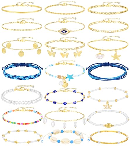 17KM 21PCS Gold Ankle Bracelets for Women, Boho Shell Bead Cuban Link Chain Waterproof Gold Anklets Set, Adjustable Layered Anklets for Women Beach Jewelry Gift