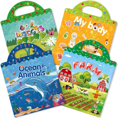 GUYUCOM 4 Pezzi Stickers Book: Libro Adesivi Attacca e Stacca Bambini 2 3 4 5 6 Anni Animali Marini, Parte del Corpo, Insetto, Giocattolo per Bambini, Regalo Educativo Compleanno Riutilizzabile