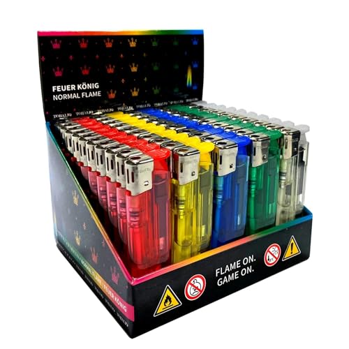 Vessler Elektronik-Feuerzeuge im 50er Display Bunte Gasfeuerzeuge mit Easy-Click Piezo-Zündung Nachfüllbar & Verstellbare Flamme 5 Farben Sortiert Ideal für Gastronomie Kiosk & Haushalt