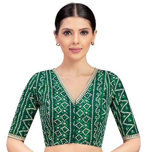 Image of Studio Shringaar Women's Cotton Bandhni Printed & Embroidered Saree Blouse With Elbow Length Sleeves