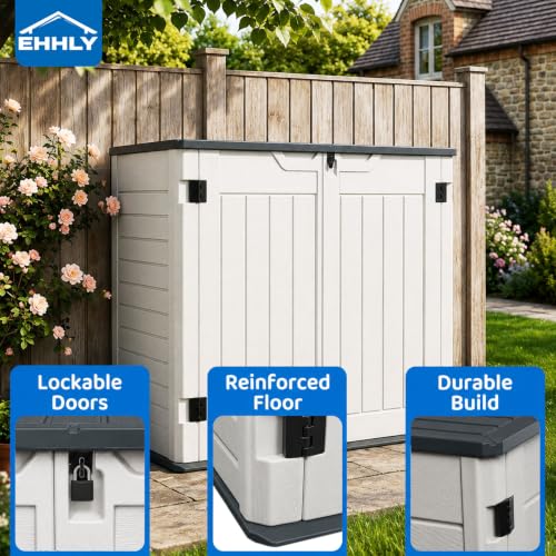 Image of EHHLY 35 Cuft Outdoor Storage Shed with 2 Shelves, Outside Storage Cabinet Waterproof with 2 Doors, Large Capacity Horizontal Garden Tool Sheds for Bike, Trash, Lawn Mower and Tools