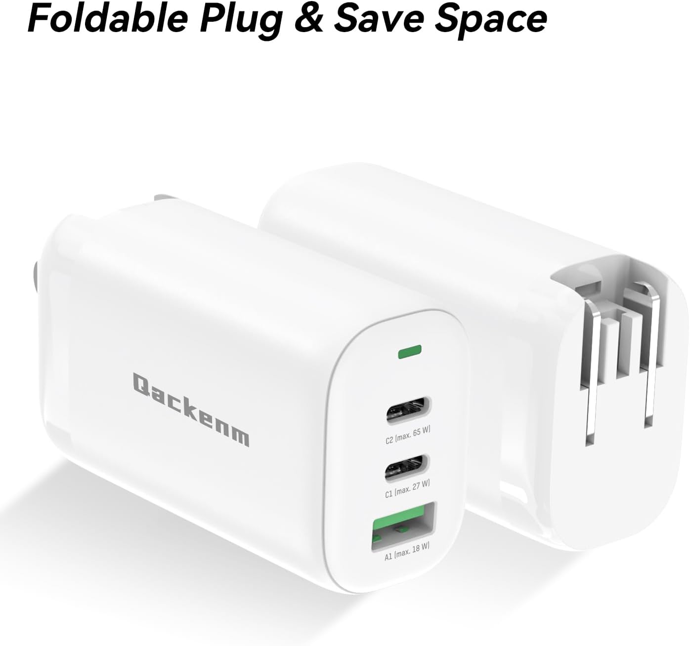 Qackenm 65W USB C Charger Block, 3 Ports GaN USB C Wall Charger, Foldable Fast Charging for MacBook Pro/Air, Dell XPS, iPhone 17/16/15/14/13, iPad Pro/Air, Galaxy S24/S23, Pixel, Steam Deck (White)