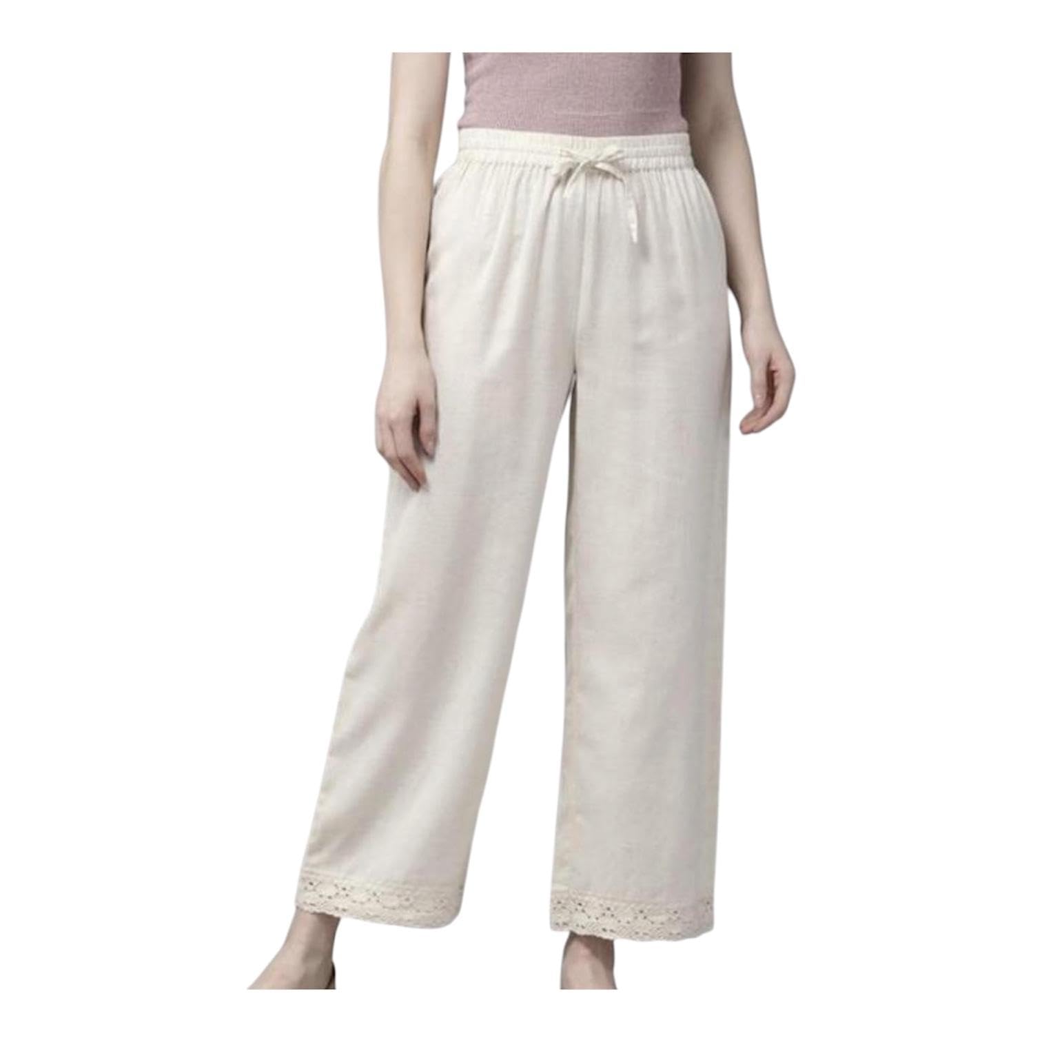 Women's Off-White Khadi Palazzo with Lace Hem, Wide Leg, Elastic Drawstring Waist, Lightweight-image-46