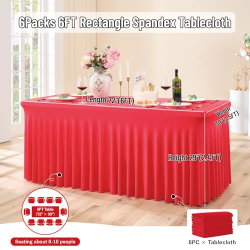 Image of Outpain 6ft Spandex Polyester Blend Tablecloth for Standard Folding Tables - 6 Pack Red Table Protector for Party, Wedding, Banquet, Festival