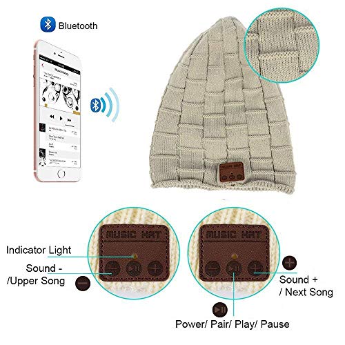 Bearsfire Wireless Beanie Hat Headphone Stereo Speaker Mic Hands-Free Earphones Cap Unisex Winter Warm Thick Skull Knit Music Hat Gifts For Men Women Boys Girls Running Ourdoor Sports Gray #TOP3