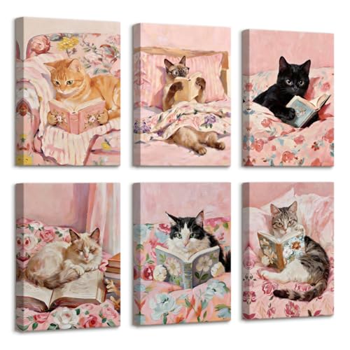 Tableau de chat mignon rose pour decoration murale salon et chambre ambiance cozy