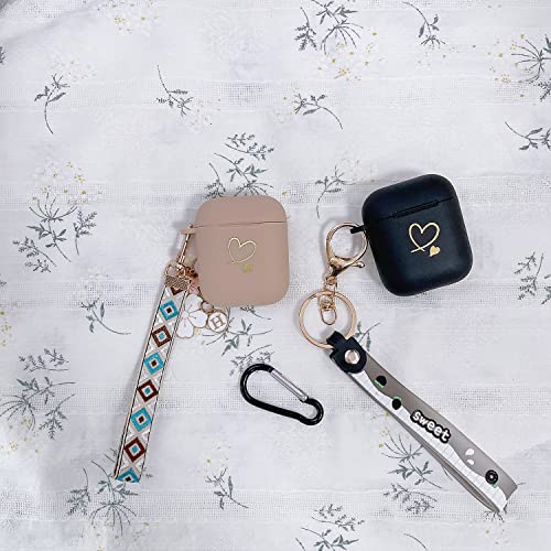 Ownest Compatible For Airpods Case Soft Tpu With Gold Heart Pattern Cute Fruit Flowers Keychain Shockproof Cover Case For Girls Woman Airpods 2 &1-Black #TOP6