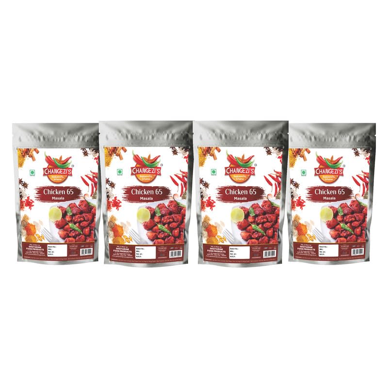 Changezi's Classic Chicken 65 Masala Powder Aromatic & Zaikedar Chicken 65 Masala | Ready To Use Kori Sukka Masala | Flavourful Spice Mix - Easy to Cook Restaurant Style 65 Masala-80Gx4Pk