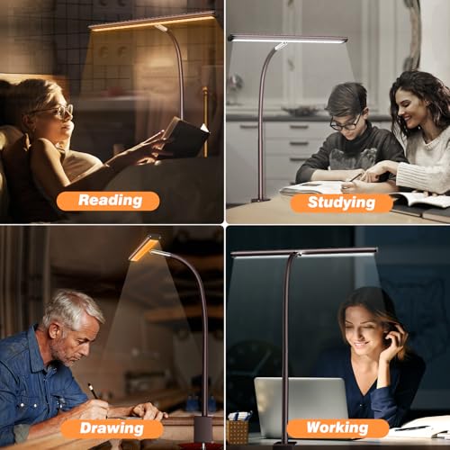 Image of Airlonv LED Desk Lamp for Office Home, Eye-Caring Desk Light with Stepless Dimming Adjustable Flexible Gooseneck, 10W USB Adapter Desk Lamp with Clamp for Reading, Study, Workbench (Brown)