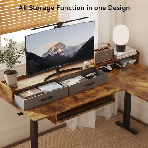 Image of WALKINGDESK 63 Inches L Shaped Standing Desk with Keyboard Tray and 2 Drawers, L Shaped Electric Standing Desk, Adjustable L Shaped Office Desk,Corner Standing Desk for Home Office, Rustic Brown