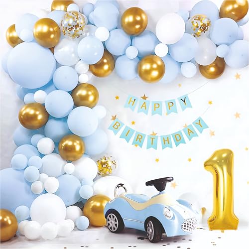 Image of Baby Boy 1st Happy Birthday Balloons Decoration Kit - 72 Pcs Blue, White, Golden Chrome Balloon with Happy Birthday Paper Banner | Birthday Party Decoration Set for Celebrations for Kids