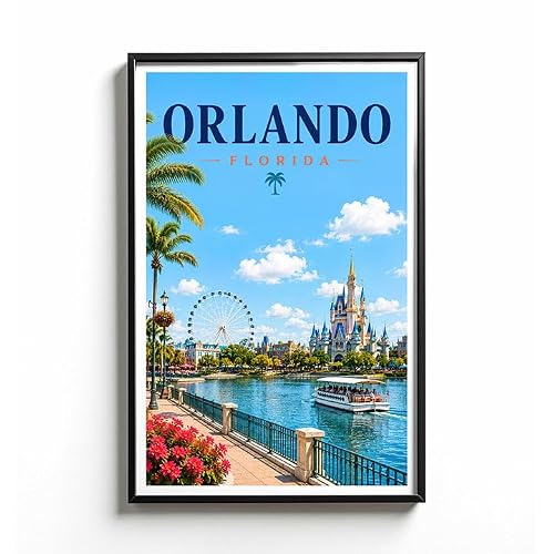 Xylo9rkHex Orlando Poster Florida - Theme Park Wall Art - Amusement Attractions Scenic Print - Iconic Travel Landmarks Illustration - Family Vacation Wall Decor - Home Living Room Office Decoration
