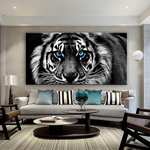 Peinture sur toile Bleu Yeux de tigre Art mural Noir Blanc Tigres Toile Affiches Imprime Animaux Art pour Salon Décor À La Maison 60x110cm / 23.6 
