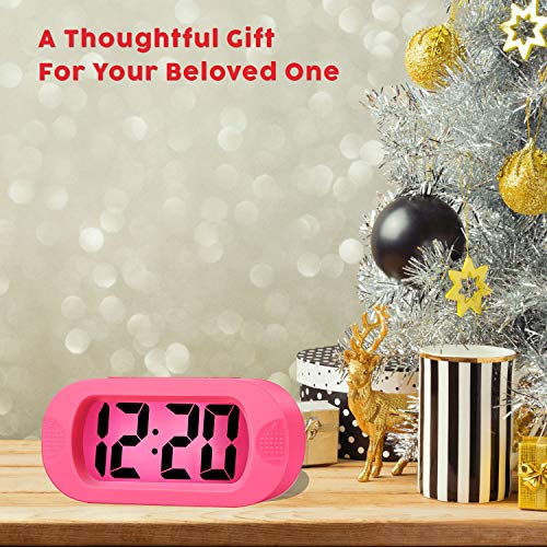 Digital Alarm Clock - Plumeet Travel Clock With Snooze And Nightlight - Easy To Set Simple Bedside Alarm Clocks For Kids - Ascending Sound - Battery Powered (Pink) #TOP4