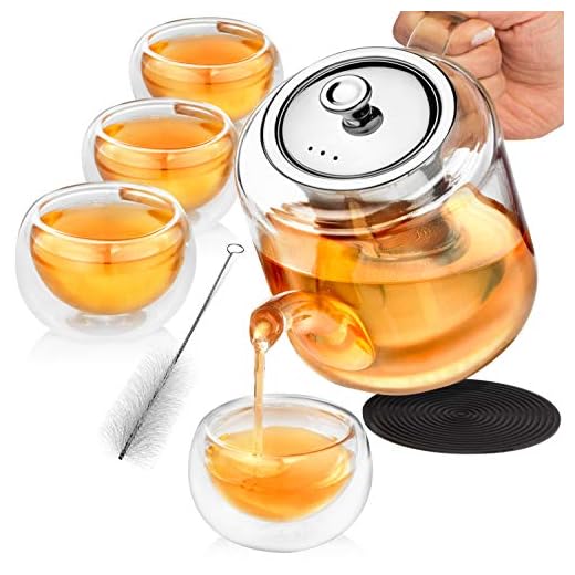 Glass Teapot Set with Infuser for Loose Tea - 1100ml Stove Top Safe Borosilicate Clear Glass Tea Pot with 4 Small Tea Cups, Silicone Trivet, & Cleaning Brush | Perfect Tea Set for Gift or Entertaining