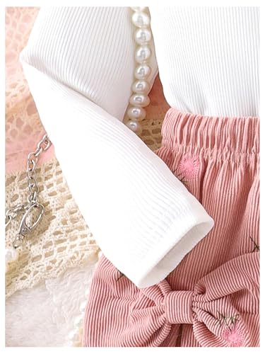 Image of WDIRARA Girls's 2 Piece Cap Long Sleeve Solid Ribbed Top and Embroidered Bow Skirt Set Pink 6Y