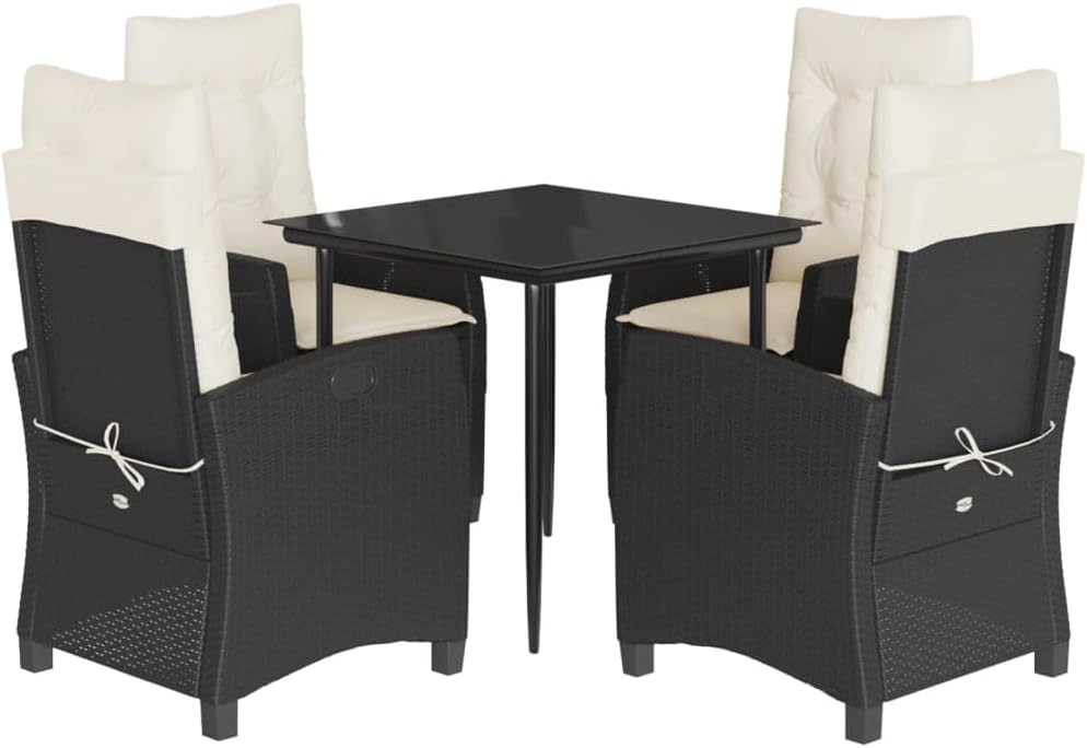 vidaXL 3 Piece Patio Dining Set Poly Rattan - Black, Outdoor Dining - Glass Tabletop, Adjustable Recliner