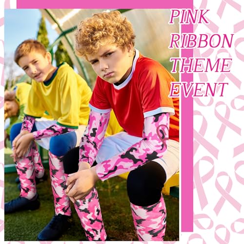 Cozypower 12 Pairs Breast Cancer Awareness Sleeves and Socks Pink Ribbon Football Arm Sleeves Knee High Socks for Youth Sport3