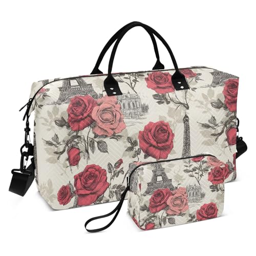 Travel Gym Bag, Eiffel Tower Rose Line Weekender Overnight Duffle for Women with Toiletry Bag Travel Swim